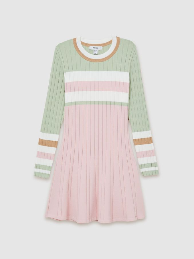 13-14 yrs Colour-Block Rib-Knit Skater Dress in Pink (AK0957) | €57