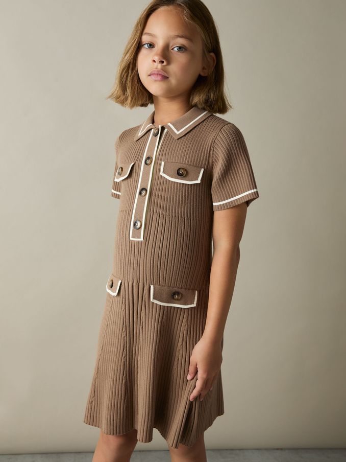 9-13 yrs Rib-Knit Button-Down Dress in Brown (AK0959) | US$120