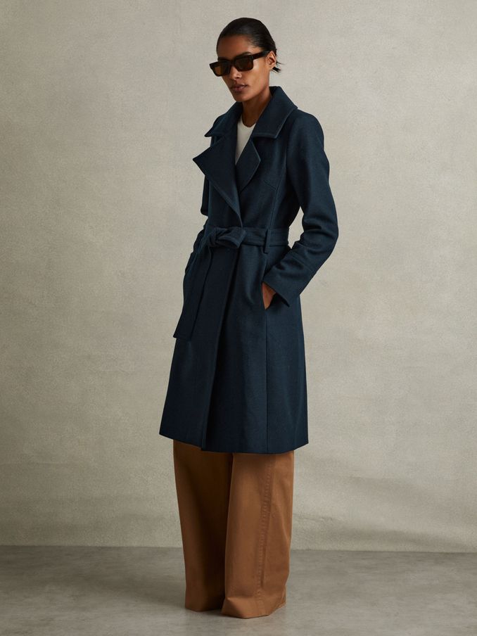 Petite Wool Blend Belted Double Breasted Coat With Cashmere in Teal (AK0960) | $375