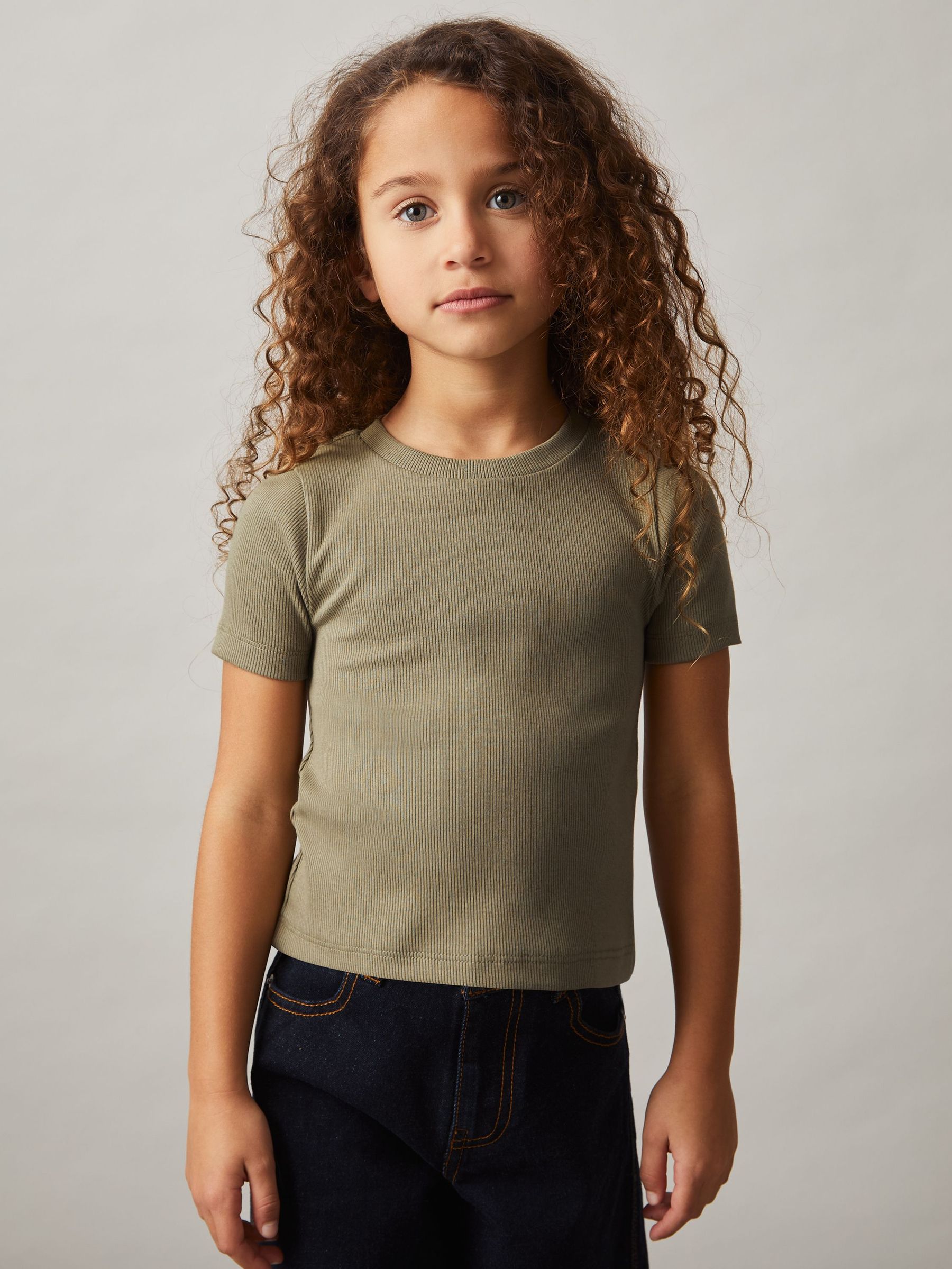 9-13 yrs Cotton-Jersey Ribbed Short-Sleeve T-Shirt in Khaki (AK0963) | €15
