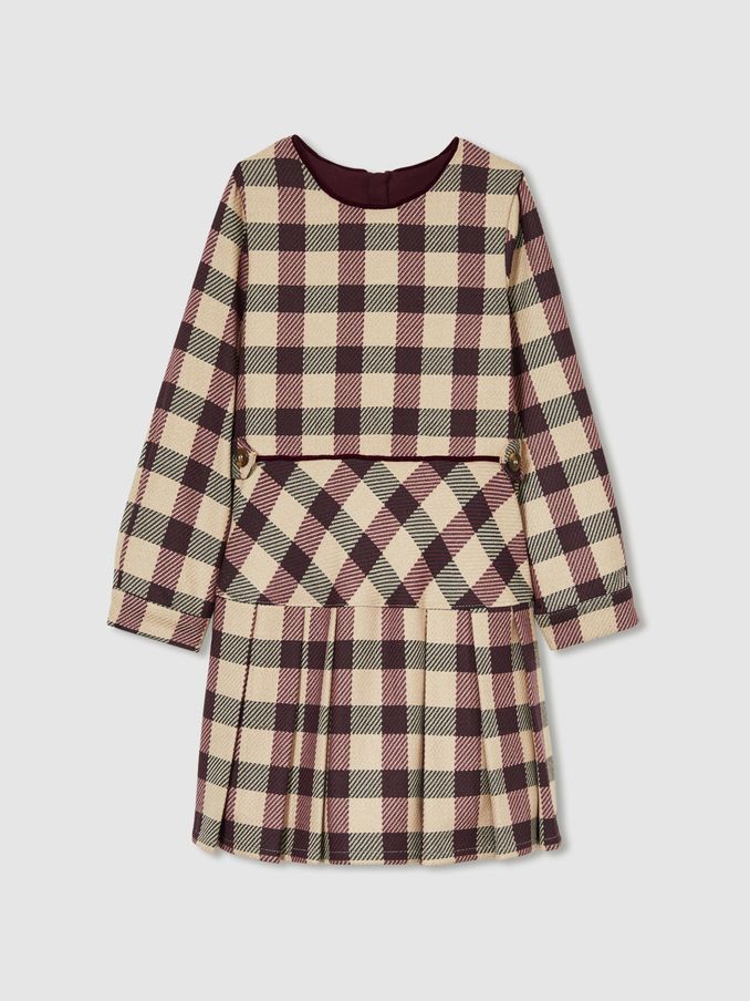 13-14 yrs Check Piped Pleated Dress in Burgundy (AK1764) | €49
