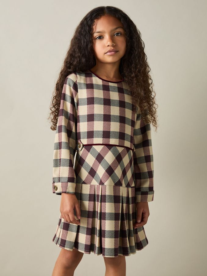 9-13 yrs Check Piped Pleated Dress in Burgundy (AK1768) | US$56