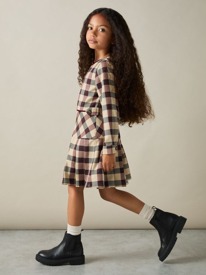 4-9 yrs Check Piped Pleated Dress in Burgundy (AK1771) | US$48