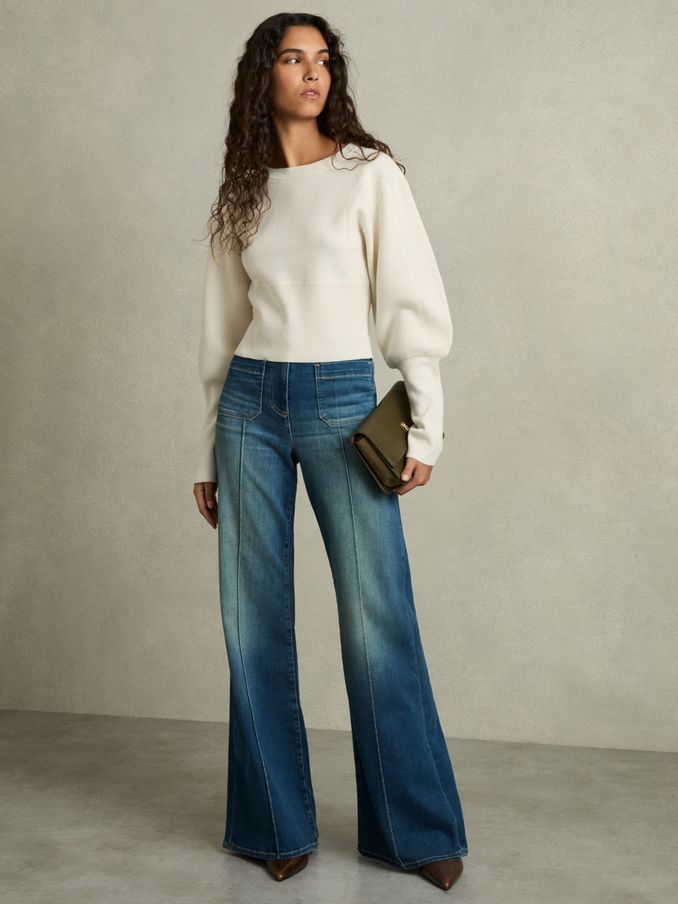Wool-Blend Balloon-Sleeve Cropped Jumper in Cream (AK1773) | US$225