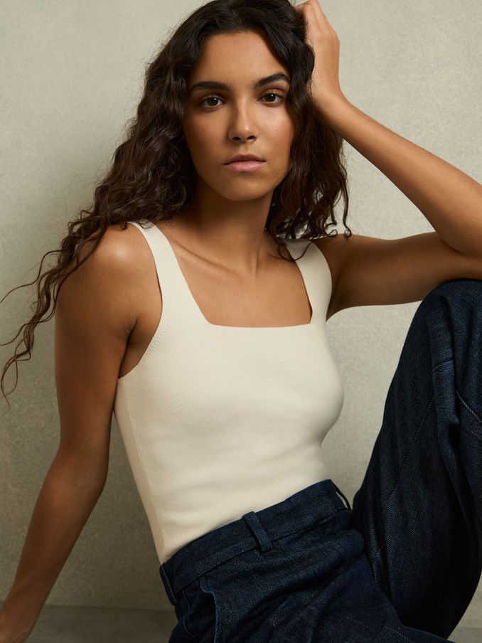 Knitted Square Neck Vest in Ivory (AK1782) | $110