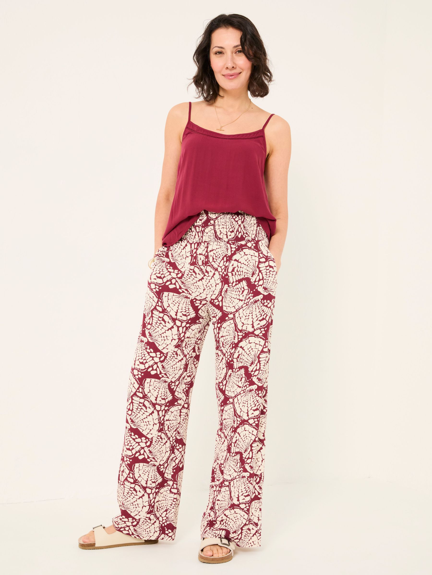 Burgundy Red Shirred Mono Shell Palazzo Trousers (AK4813) | €77.50