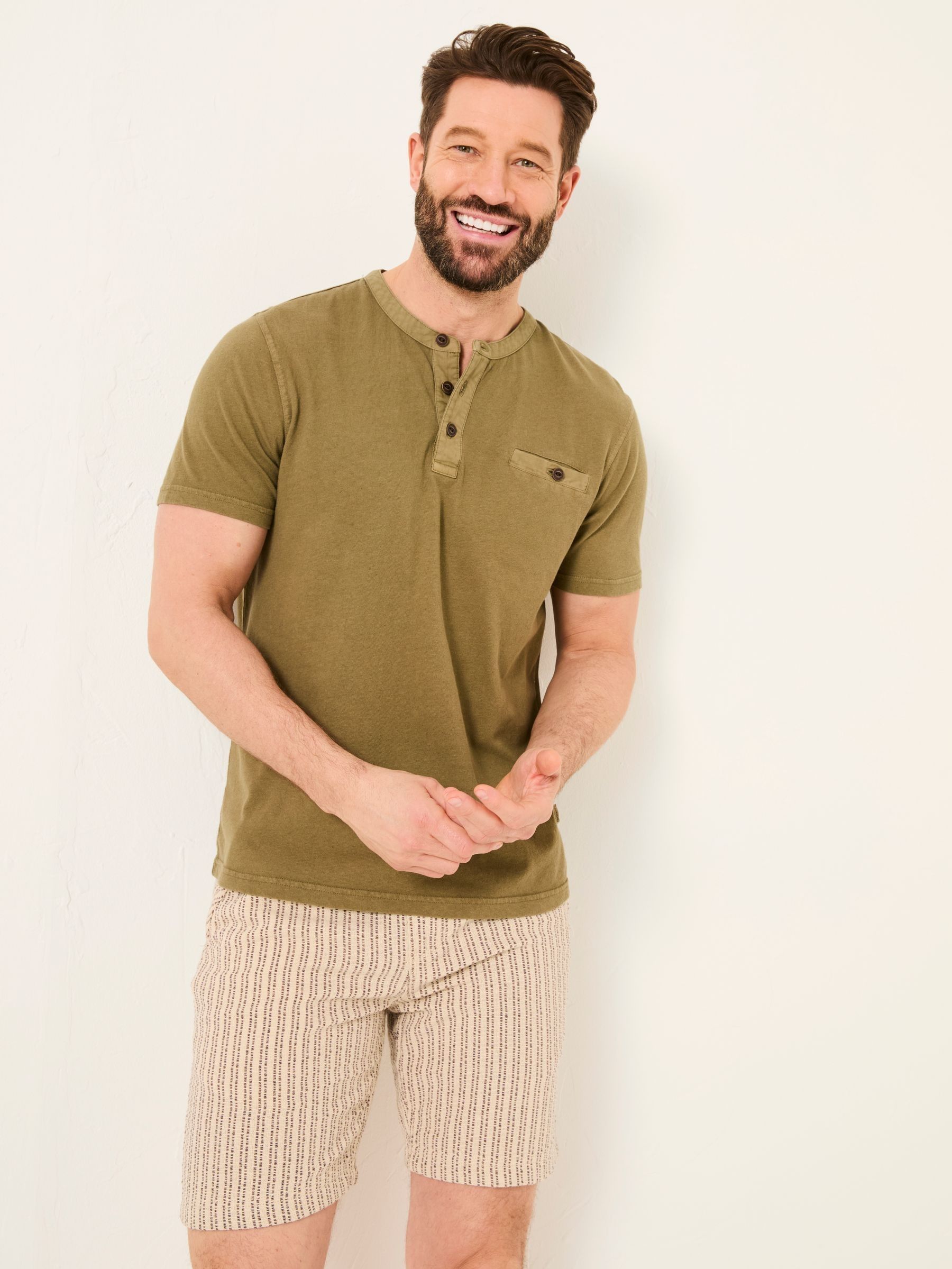 Henley Khaki Green Garment Dyed Pocket Henley (AK4889) | $51