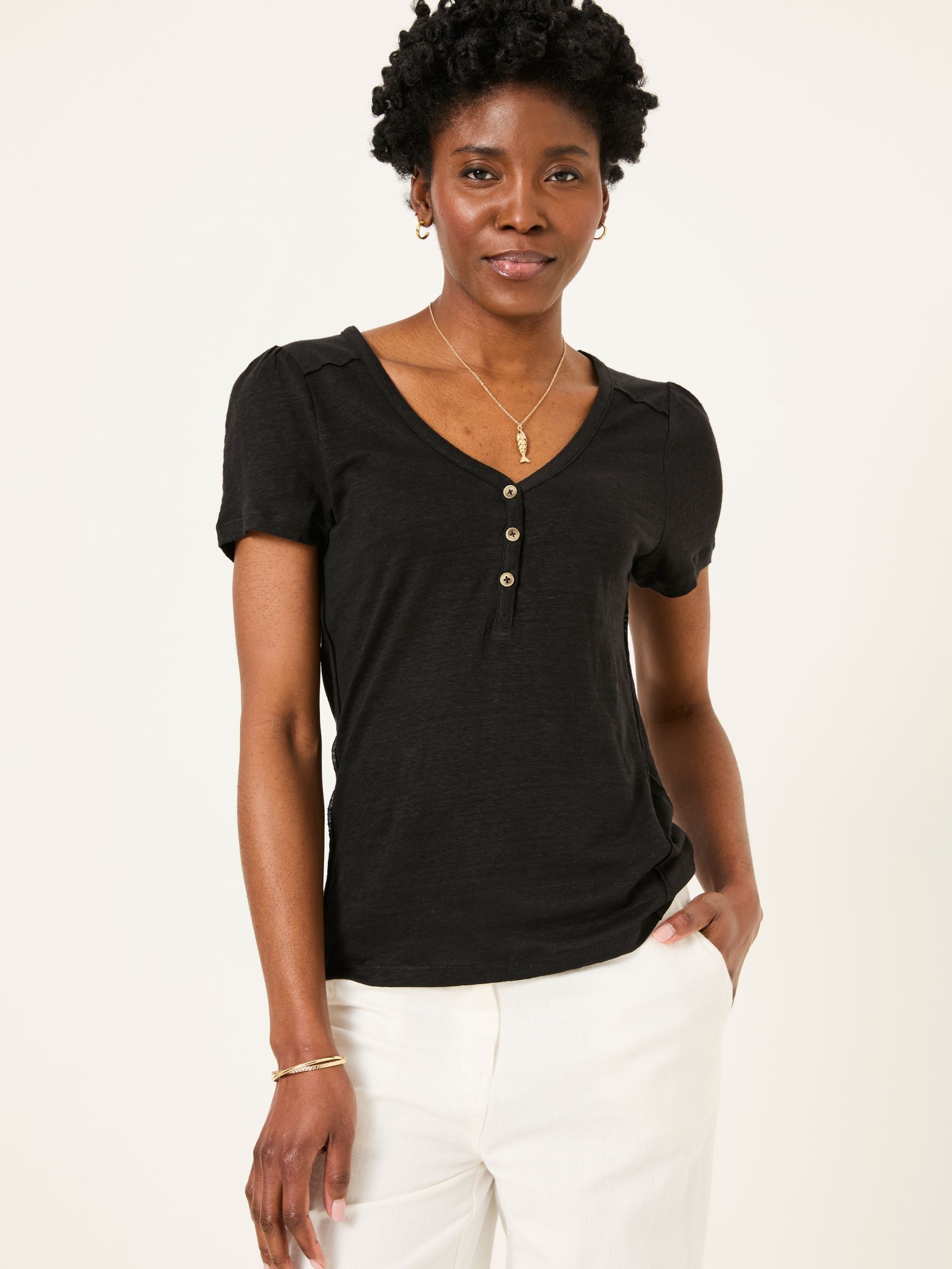 Lena Black Linen Henley Top (AK5314) | $64