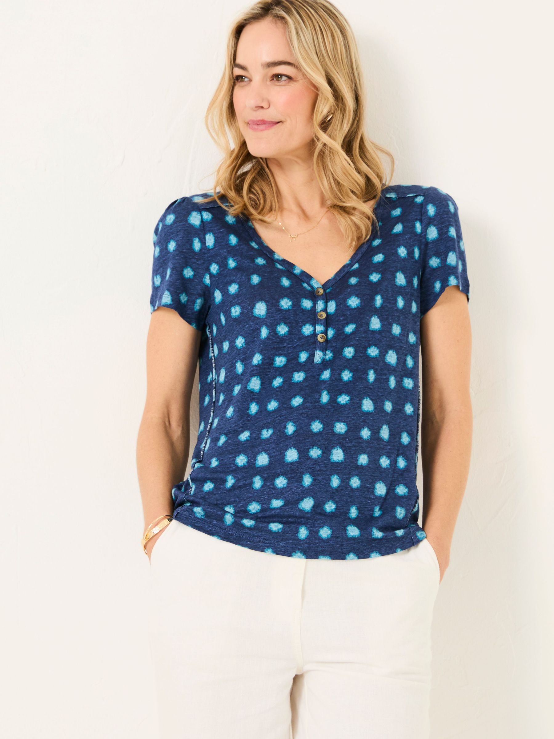 Lena Teal Blue Mini Spot Linen Henley Top (AK5485) | $64