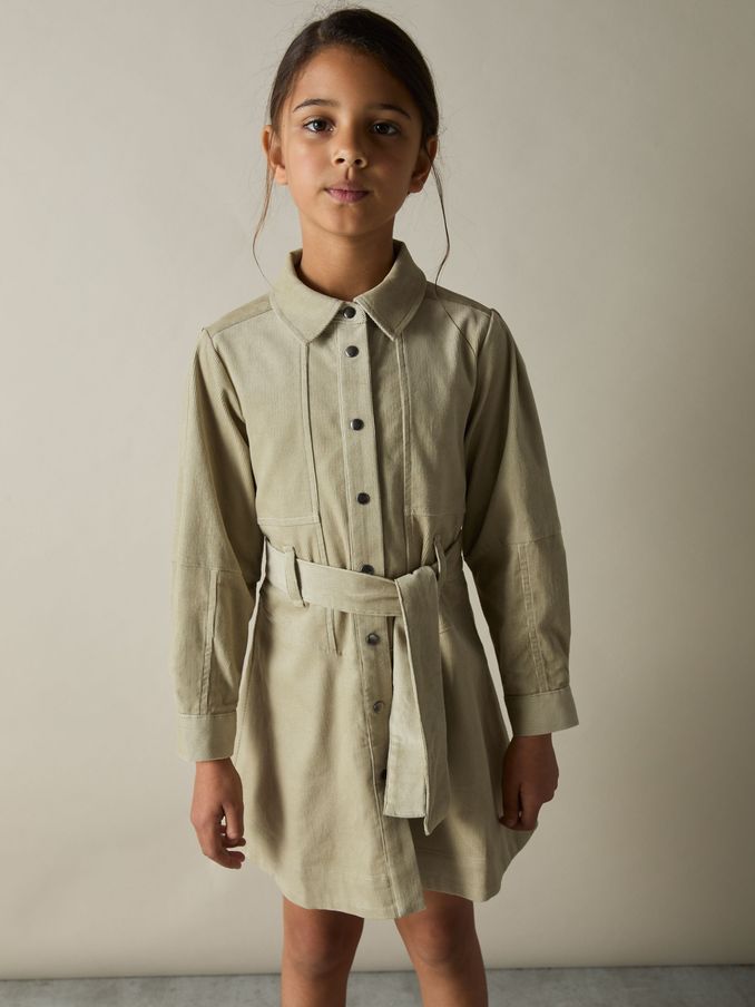 9-13 yrs Corduroy Belted Long-Sleeve Dress in Camel (AK6100) | US$48