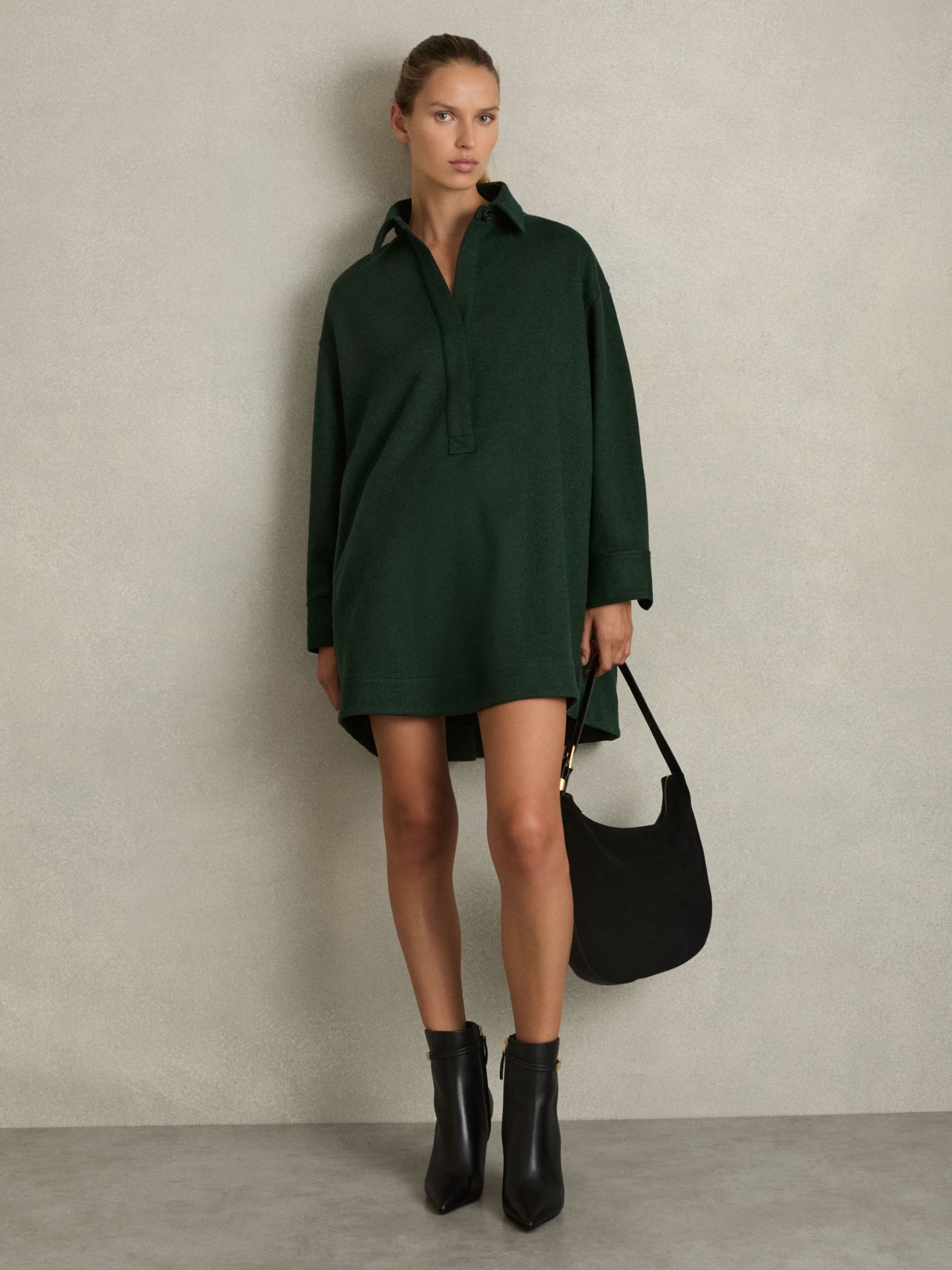 Shirt-Style Shift Dress With Wool in Green (AK6101) | US$183