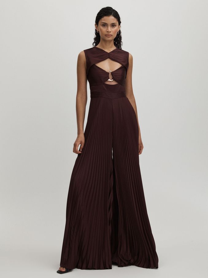 Amur Cut-Out Pleated Wide Leg Jumpsuit in Chocolate Brown (AK7641) | $580