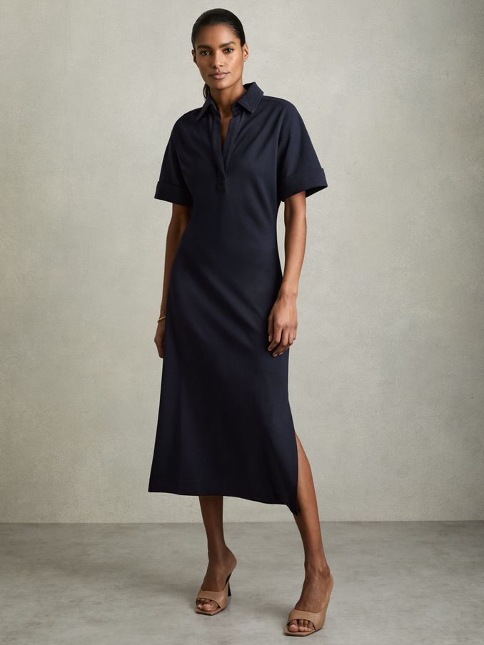 Jersey Open-Collar Bodycon Dress in Navy (AK7650) | US$109