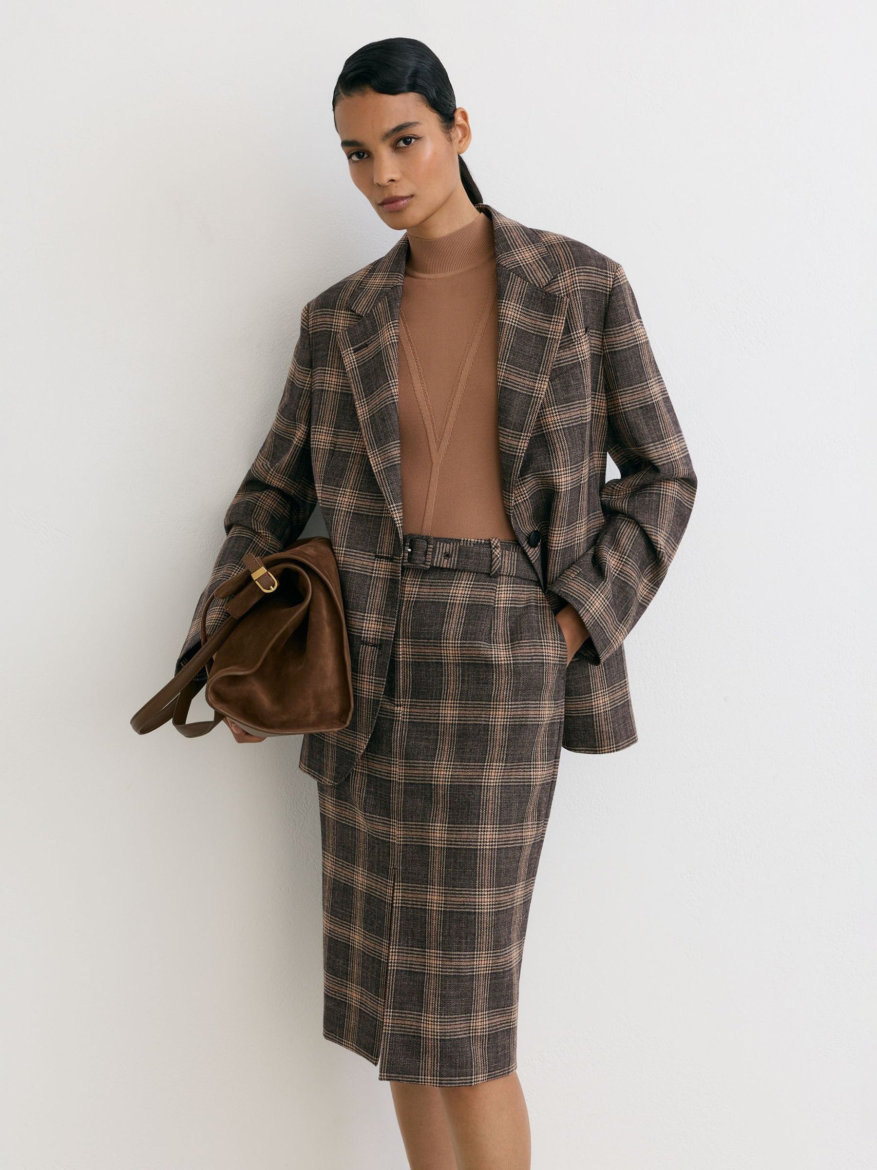 Brown Check - Wool Check Midi Pencil Skirt