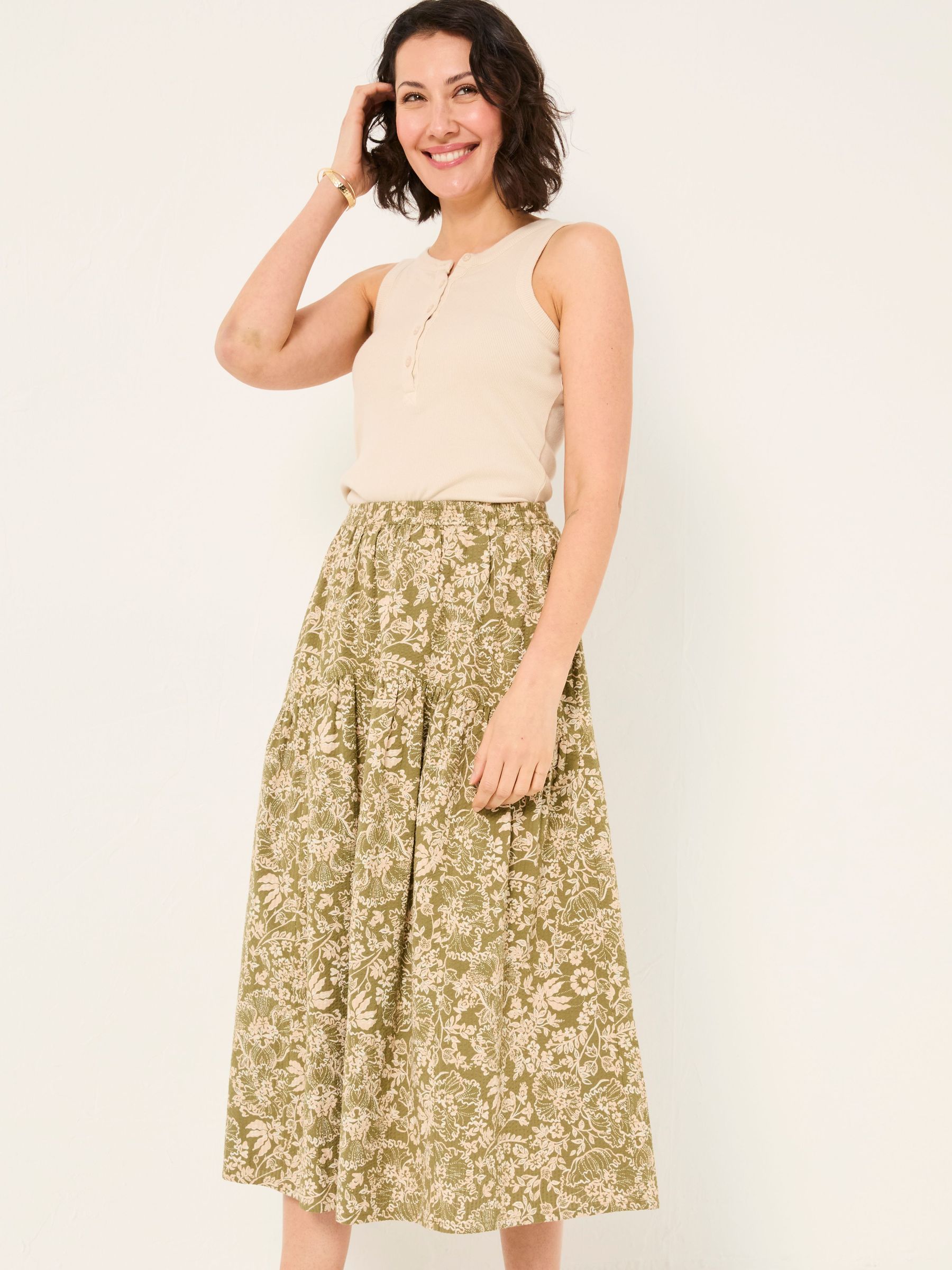 Betty Khaki Green Linear Floral Midi Skirt (AK9177) | $95