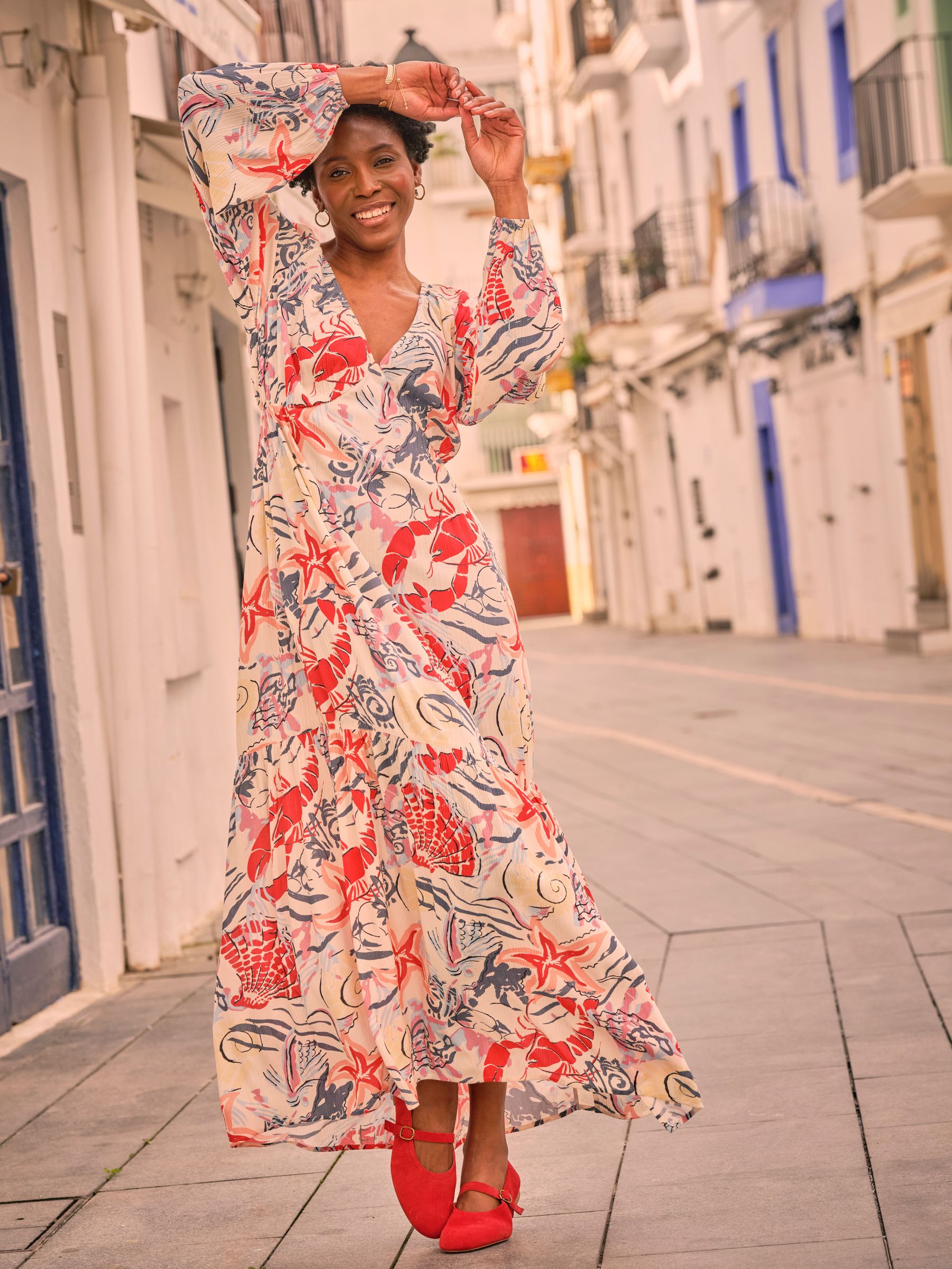 Noelle Ivory Sea Scene Midi Dress (AK9492) | $129
