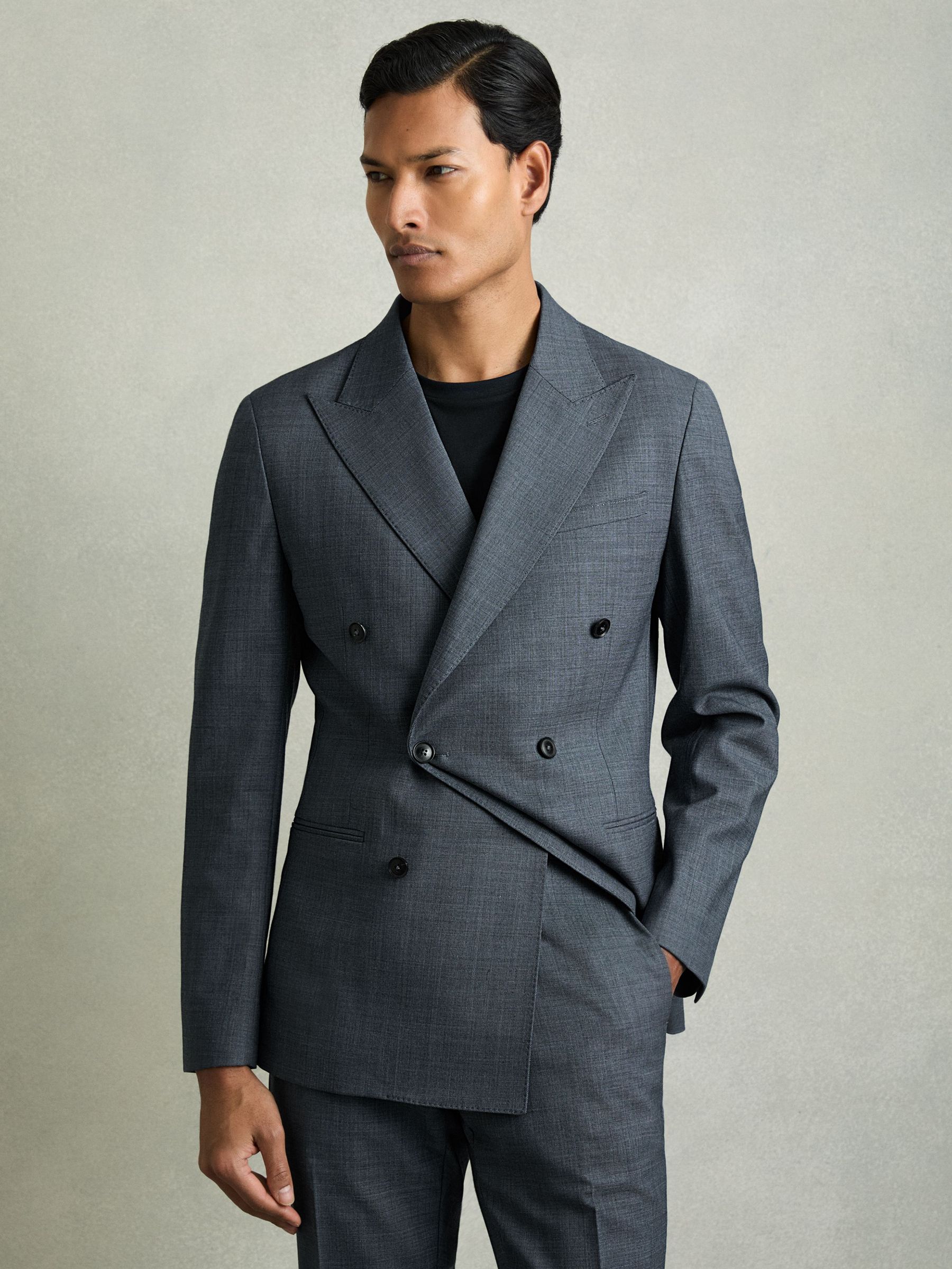 Regular-Fit Double-Breasted Sharkskin Wool-Blend Suit Blazer in Airforce Blue (AK9830) | US$645