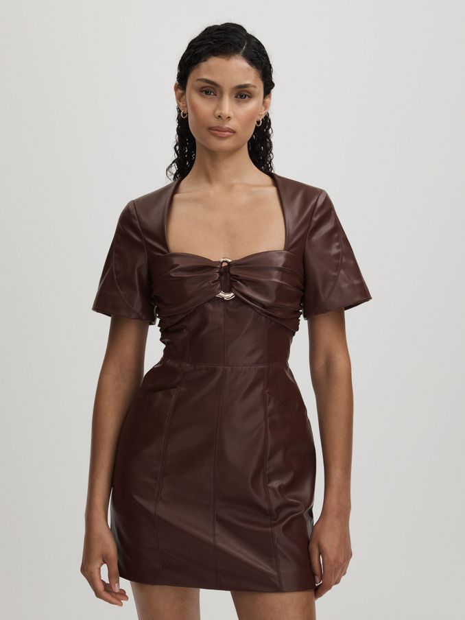Amur Faux Leather Mini Dress in Chocolate Brown (AL0565) | €292
