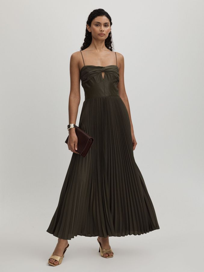 Amur Twist Pleated Maxi Dress in Olive (AL0569) | €435