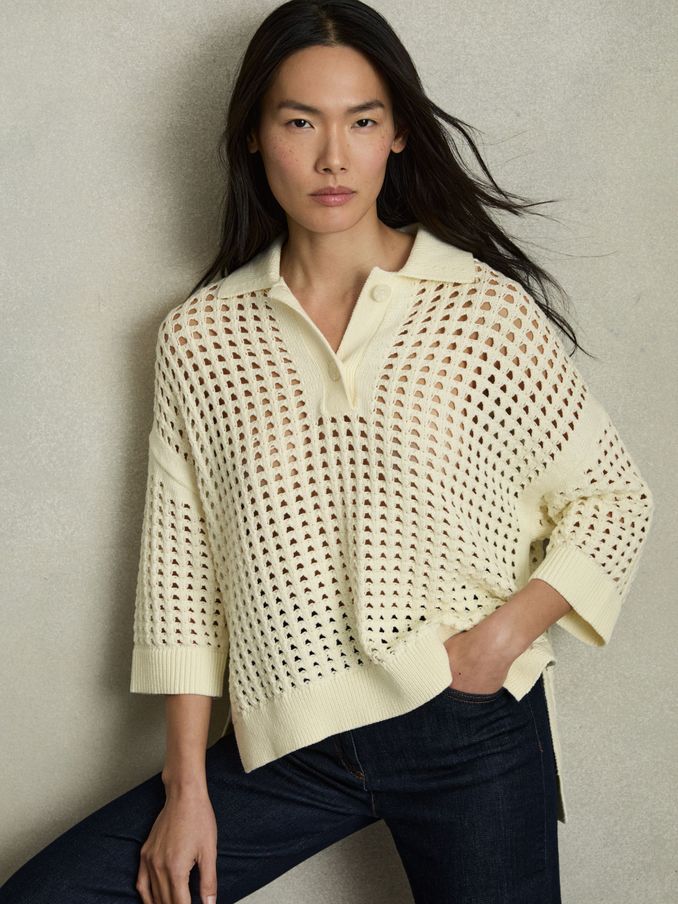 Cotton Crochet Collared Jumper in Buttermilk (AL1158) | 170 €