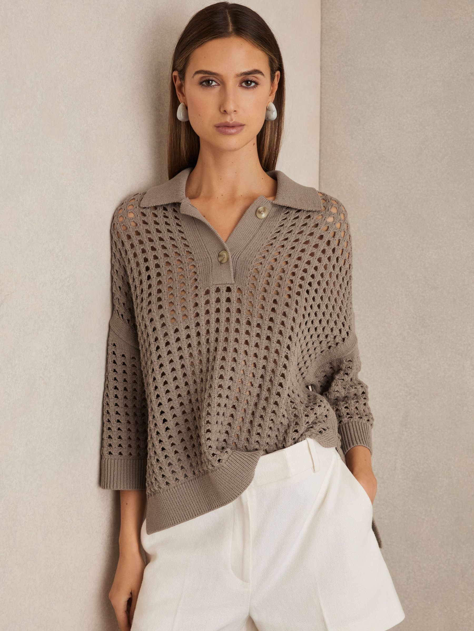 Cotton Crochet Collared Jumper in Stone (AL1166) | 170 €