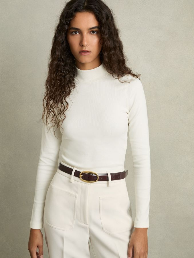 Fine-Ribbed High-Neck Top in White (AL1172) | US$75