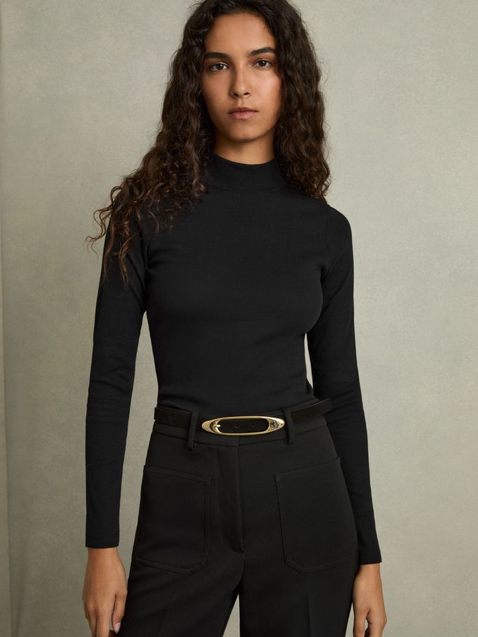 Fine-Ribbed High-Neck Top in Black (AL1178) | US$75