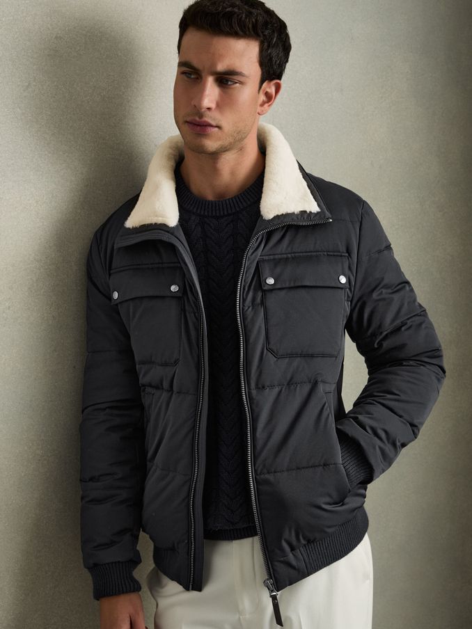 Faux-Fur Collar Puffer Jacket in Navy/ White Borg (AL6638) | HK$2,947