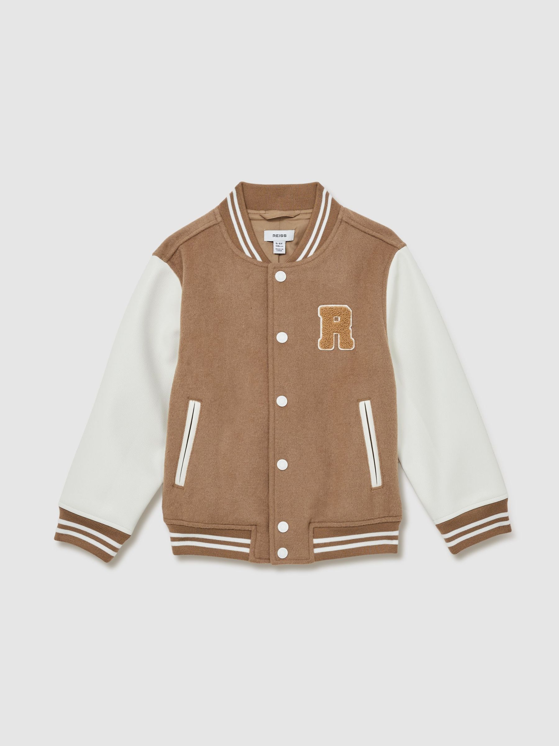 13-14 yrs Wool-Blend Contrast Varsity Jacket in Camel/White (AL6647) | 445 SAR