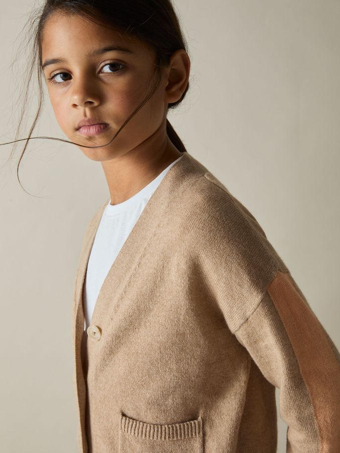Wool-Blend Stripe-Detail Cardigan With Cashmere in Camel (AL6652) | US$65