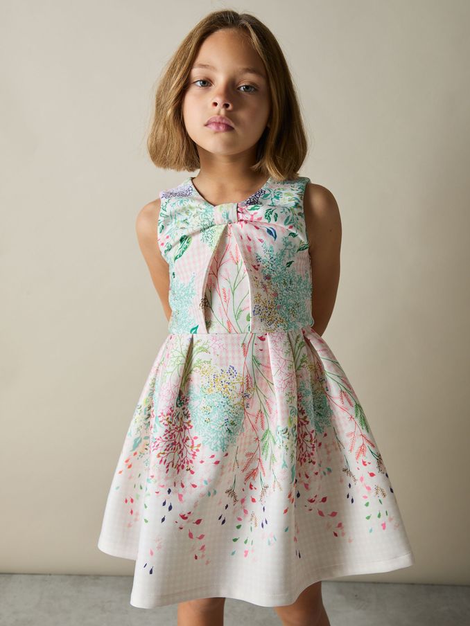 9-13 yrs Floral-Print Pleated Scuba Dress in Pink Print (AL6654) | US$80