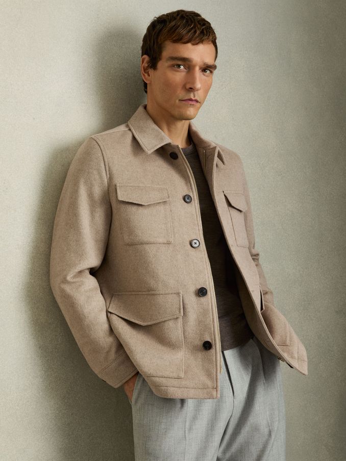 Wool-Blend Zip-Through Four-Pocket Jacket in Oatmeal Melange (AL6655) | €189
