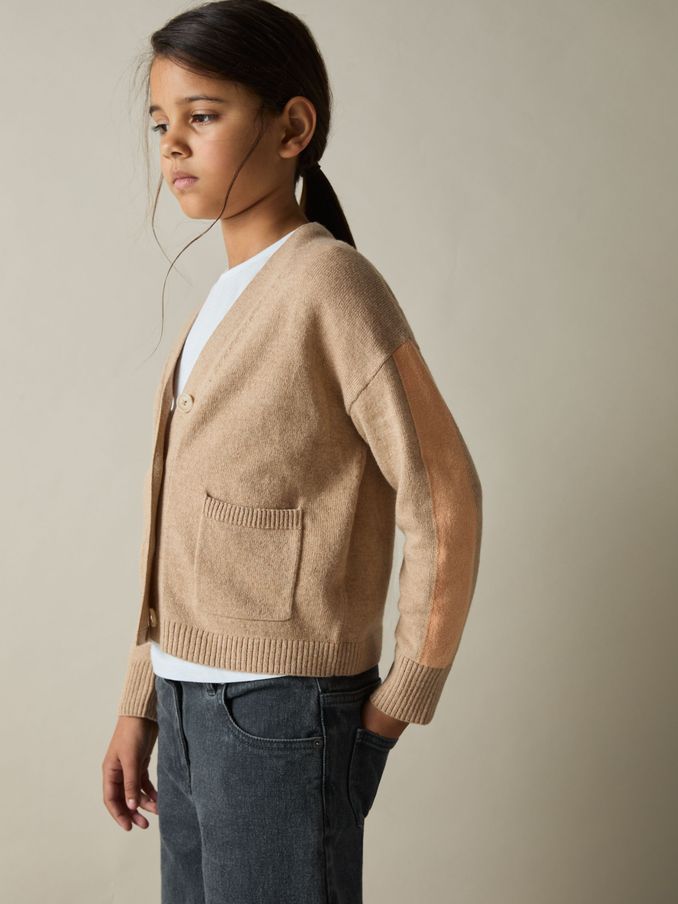 4-9 yrs Wool-Blend Stripe-Detail Cardigan With Cashmere in Camel (AL6671) | €50