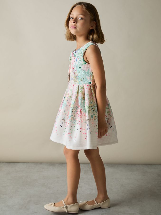 4-9 yrs Floral-Print Pleated Scuba Dress in Pink Print (AL6677) | US$70