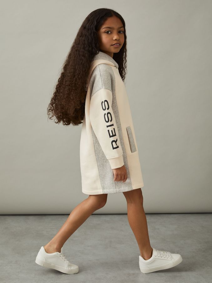 9-13 yrs Colour-Block Hooded Jersey Dress in Ecru (AL6687) | €49