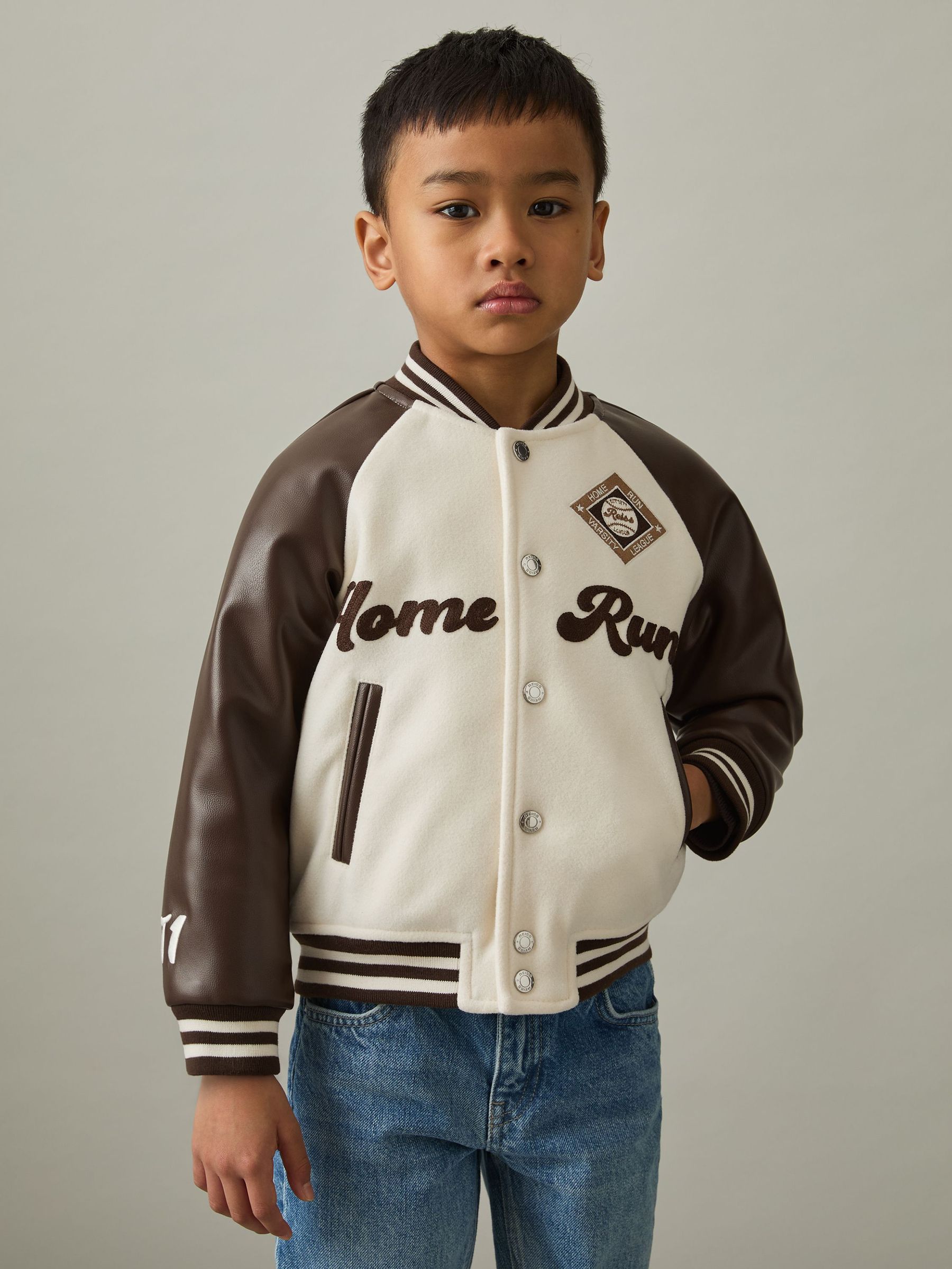 9-13 yrs Home Run Varsity Bomber Jacket in Off White/Brown (AL7794) | US$120