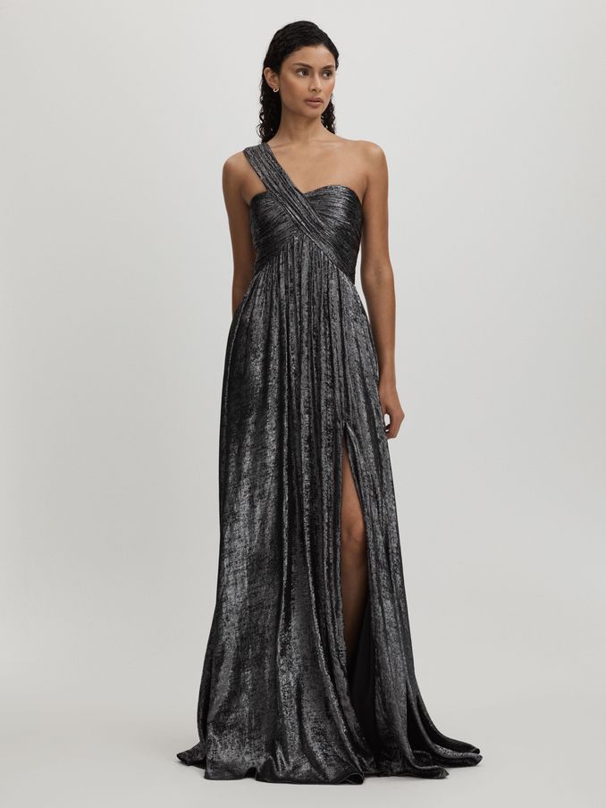 Amur Metallic One Shoulder Maxi Dress in Dark Grey (AL7818) | US$707
