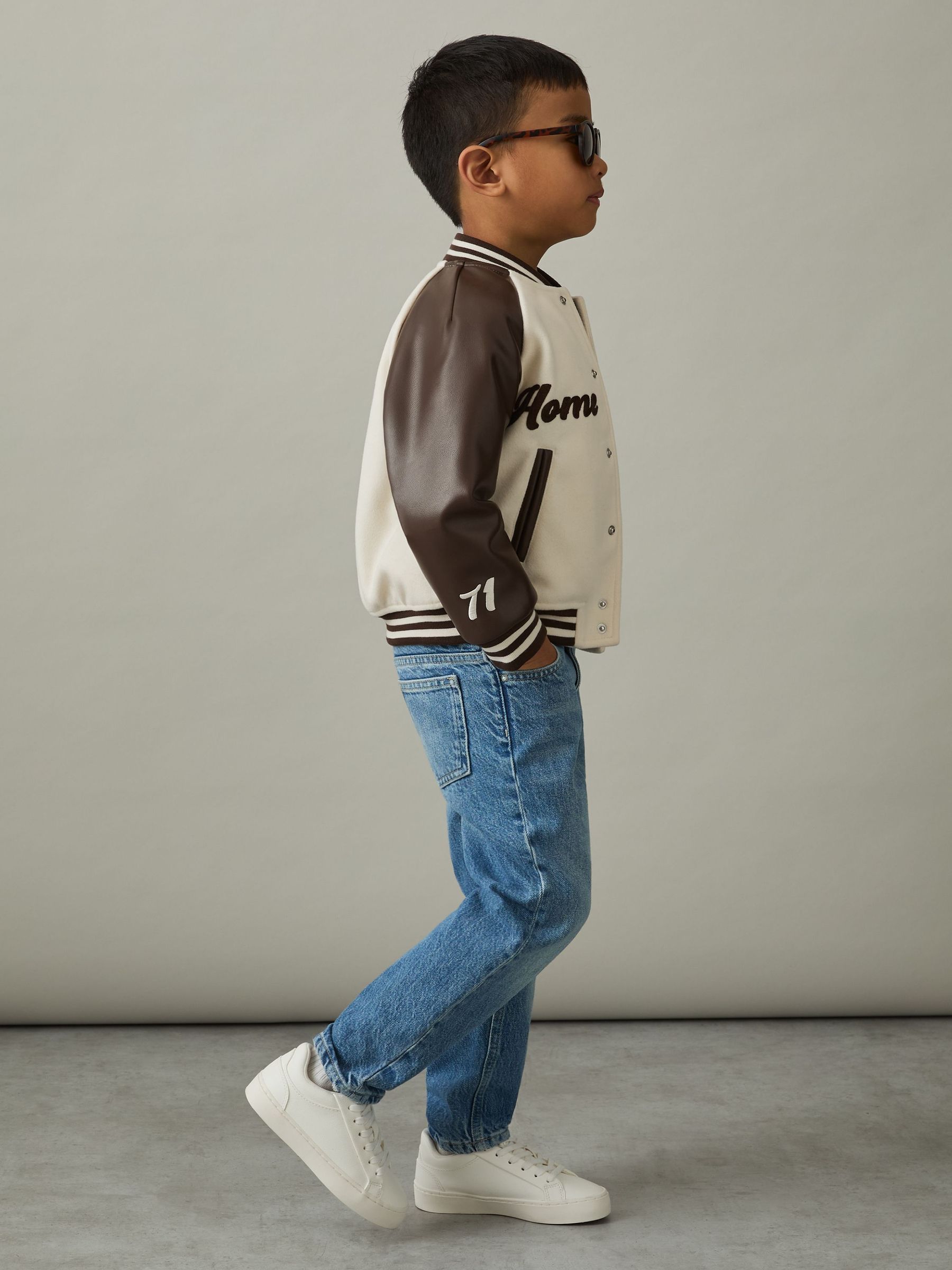 3-9 yrs Home Run Varsity Bomber Jacket in Off White/Brown (AL7833) | US$110