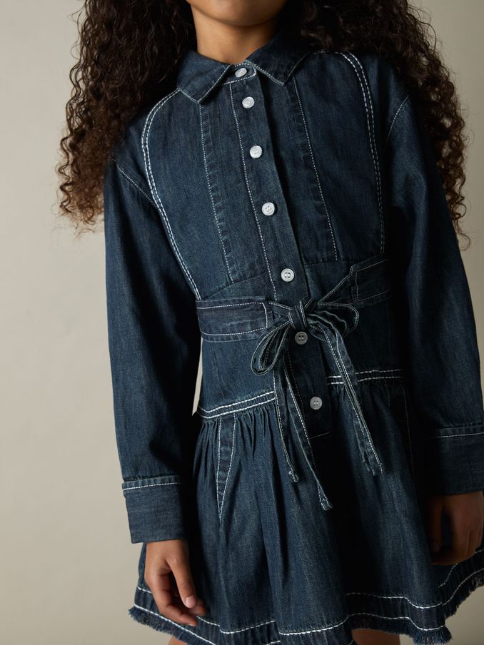 9-13 yrs Chambray Contrast-Stitch Flippy Dress in Blue (AL8995) | €53