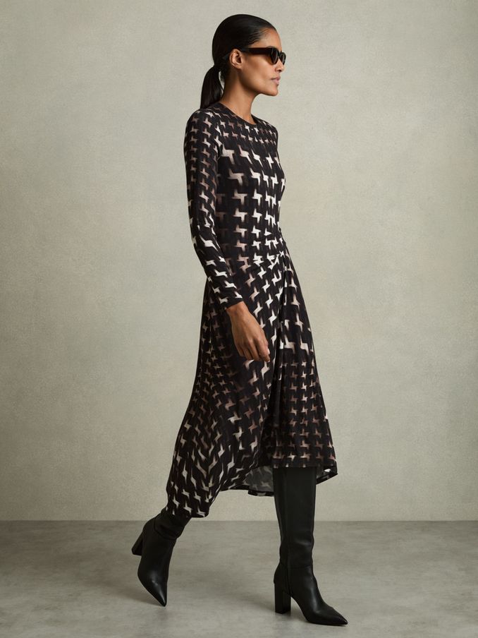 Houndstooth-Print Ruched Midi Dress in Black (AL9005) | US$158