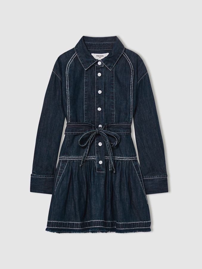 13-14 yrs Chambray Contrast-Stitch Flippy Dress in Blue (AL9008) | $57