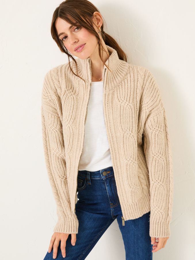 Erin Natural Cable Knitted Zip Through Cardigan (AL9820) | $54