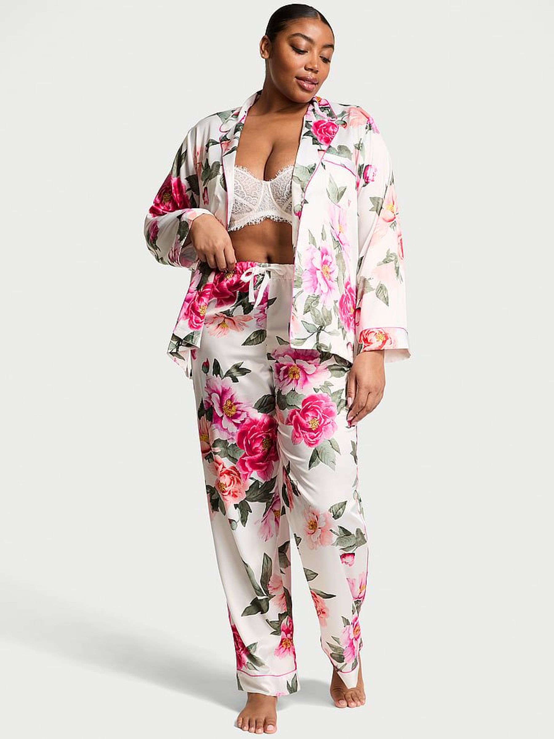 Coconut White Floral Satin Long Pyjama Set (AM0865) | €79