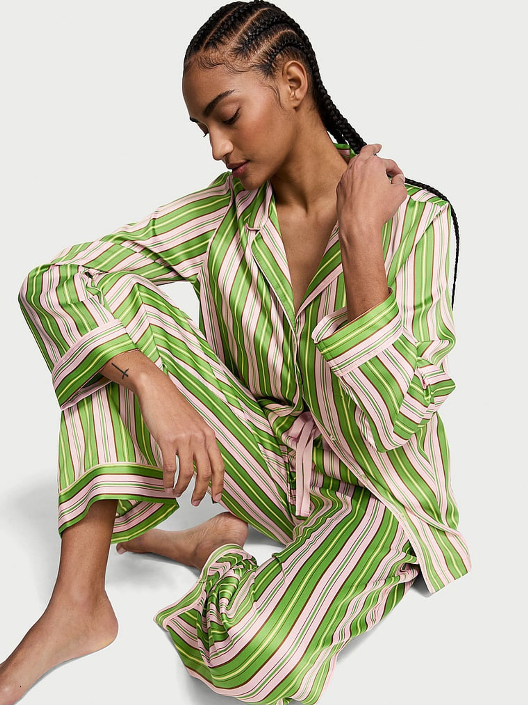 Green/Caramel Stripe Satin Long Pyjama Set (AM0875) | €79