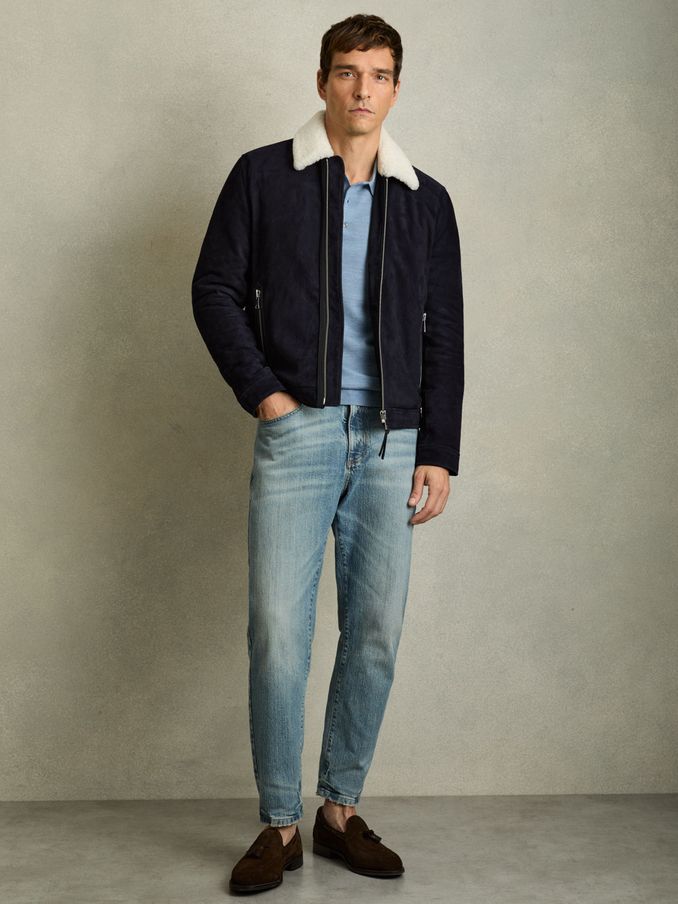 Suede Shearling-Collar Jacket in Navy (AM3305) | US$1,480