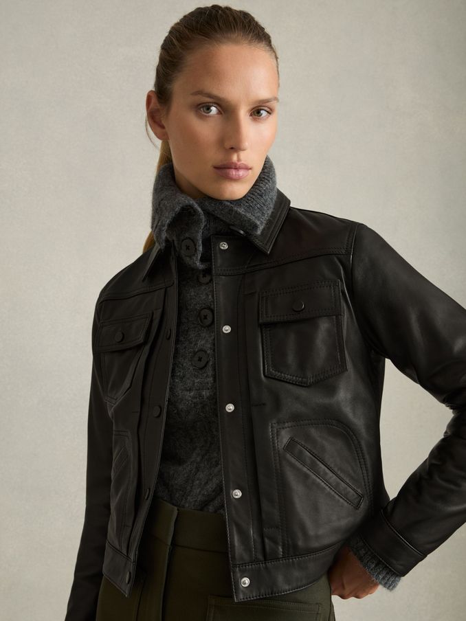 Leather Trucker Jacket in Black (AM3663) | US$695