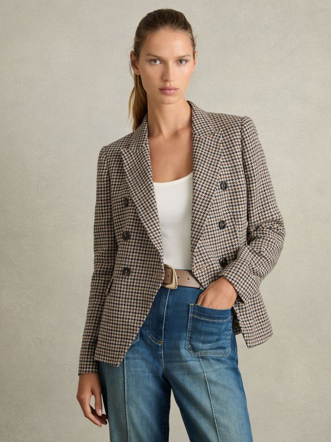 Cotton-Linen Double-Breasted Houndstooth-Check Blazer in Navy Neutral Check (AM3667) | US$545