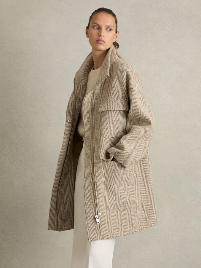 Funnel-Neck Herringbone Coat With Wool in Neutral (AM3670) | 1,408 SAR