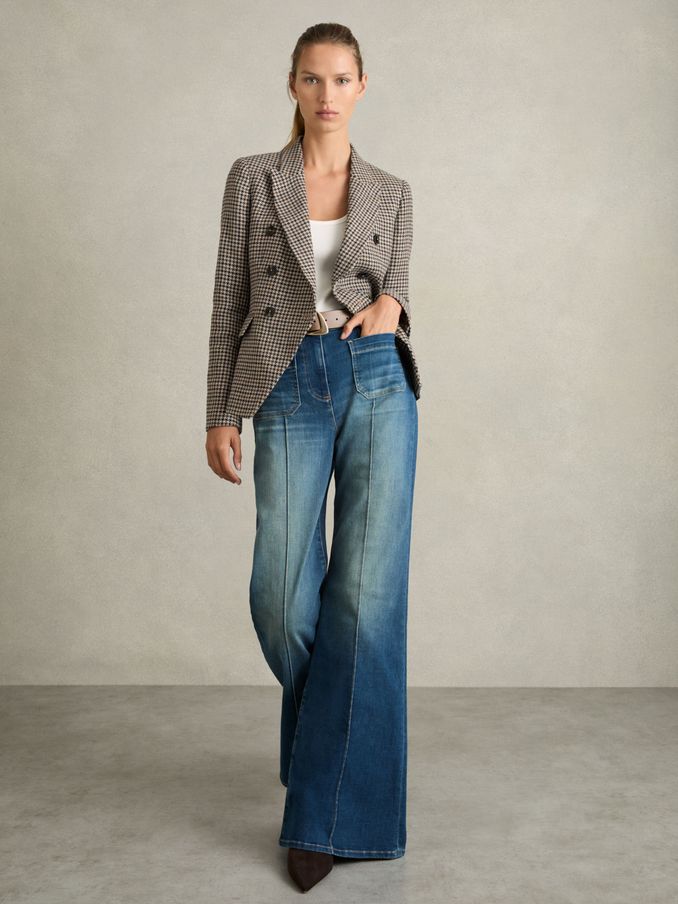 Petite Cotton-Linen Double-Breasted Houndstooth-Check Blazer in Navy Neutral Check (AM3681) | US$545