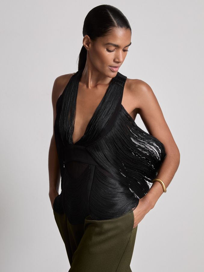Atelier Draped Fringe Deep-V Top in Black (AM4071) | US$186